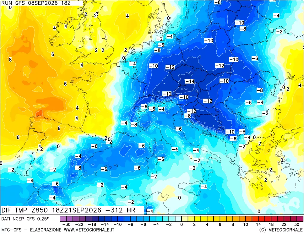mappa Dif. Temp a 850 hPa Valid - Init