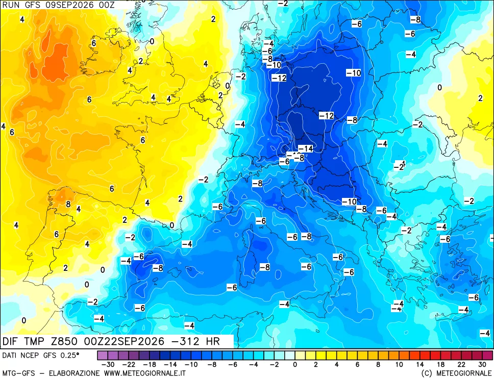 mappa Dif. Temp a 850 hPa Valid - Init