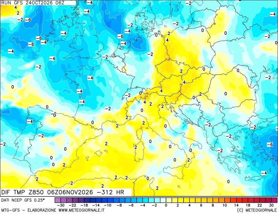 mappa Dif. Temp a 850 hPa Valid - Init