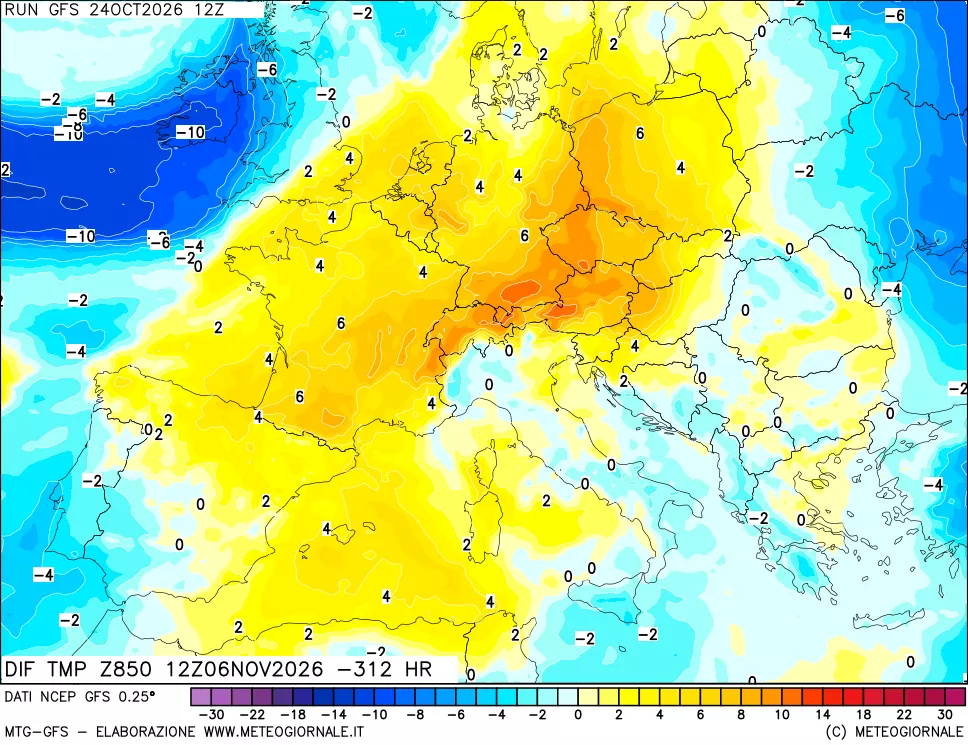 mappa Dif. Temp a 850 hPa Valid - Init