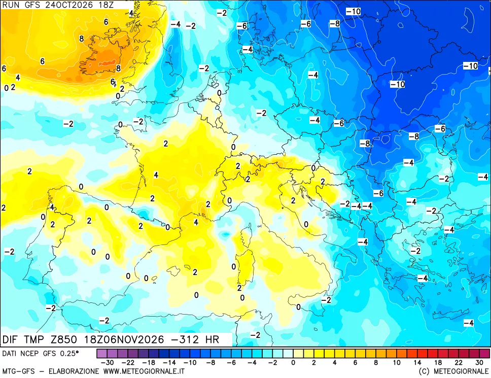 mappa Dif. Temp a 850 hPa Valid - Init