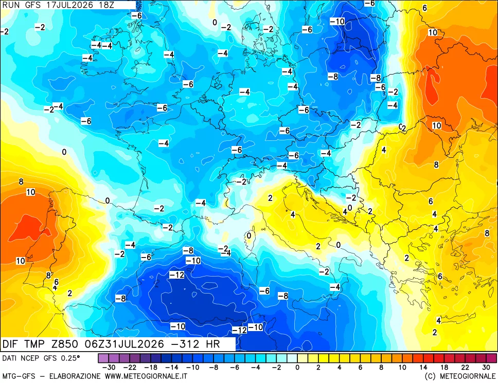 mappa Dif. Temp a 850 hPa Valid - Init
