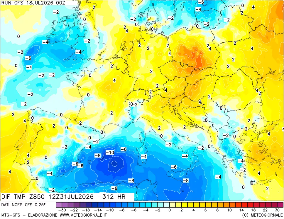 mappa Dif. Temp a 850 hPa Valid - Init