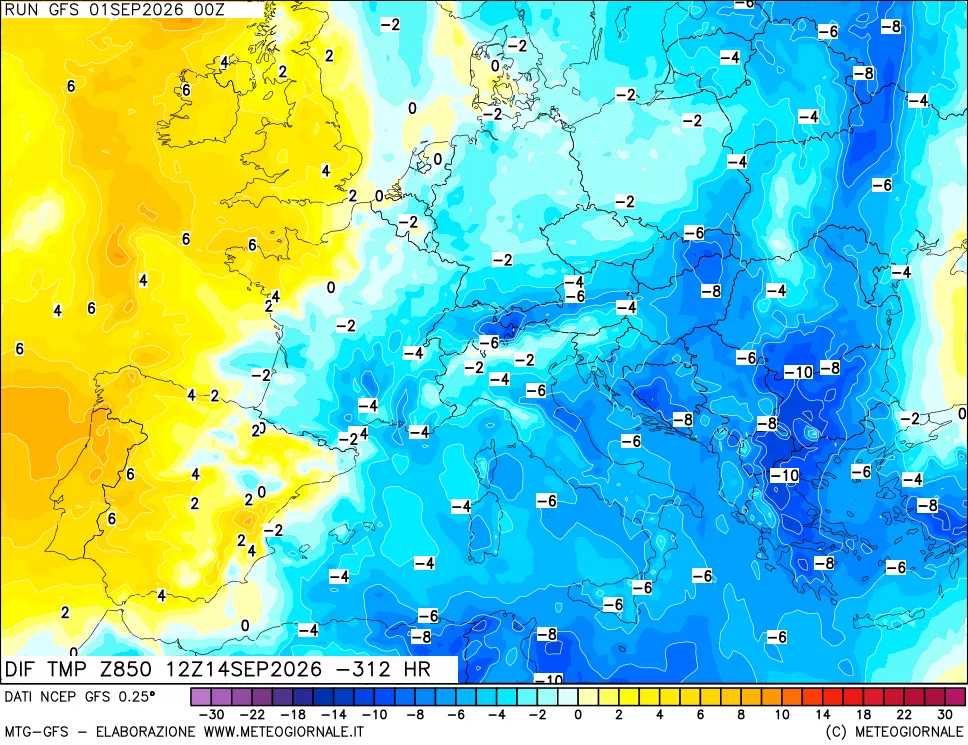 mappa Dif. Temp a 850 hPa Valid - Init