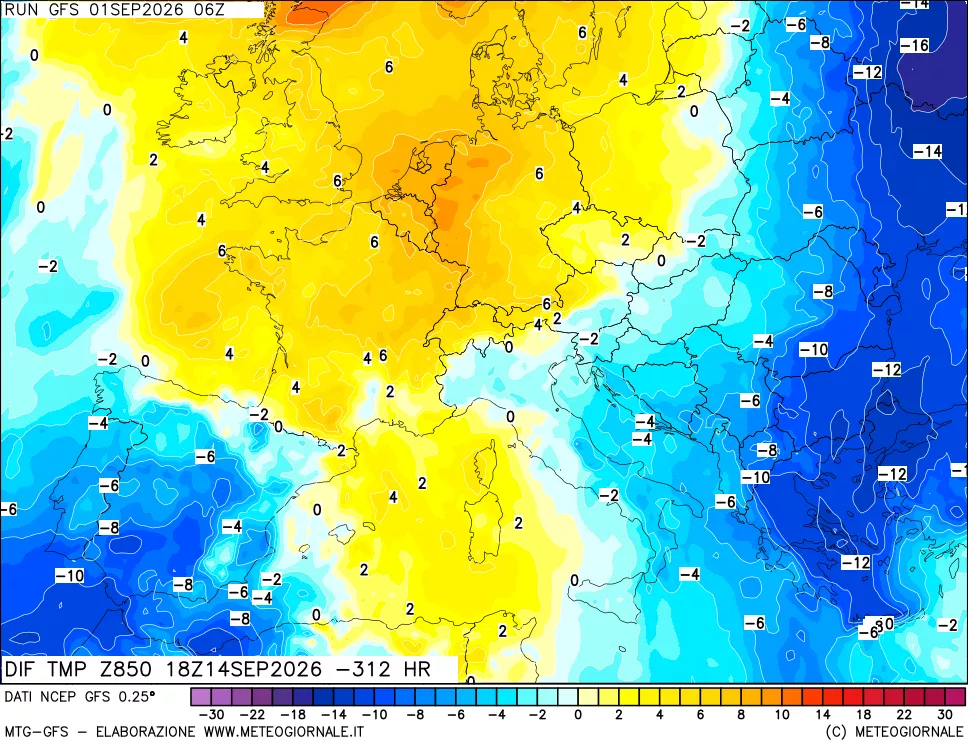 mappa Dif. Temp a 850 hPa Valid - Init