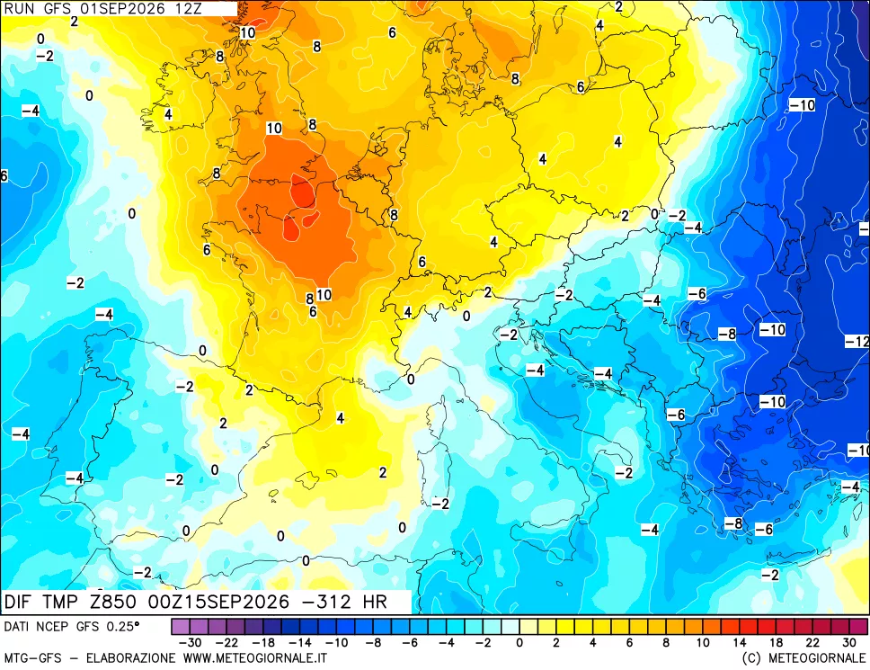 mappa Dif. Temp a 850 hPa Valid - Init