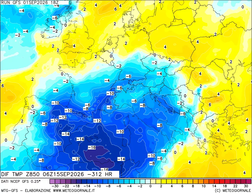 mappa Dif. Temp a 850 hPa Valid - Init