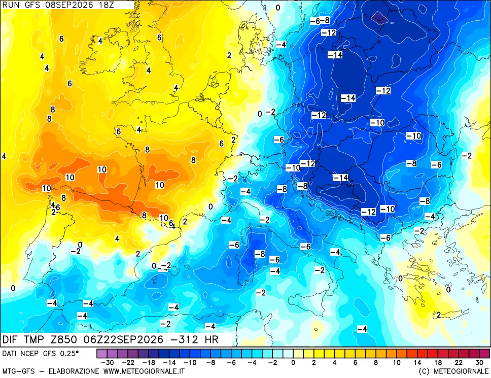 mappa Dif. Temp a 850 hPa Valid - Init