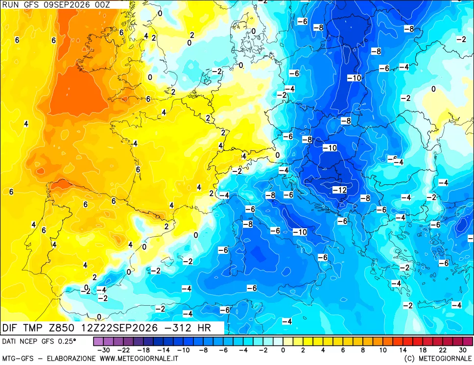 mappa Dif. Temp a 850 hPa Valid - Init