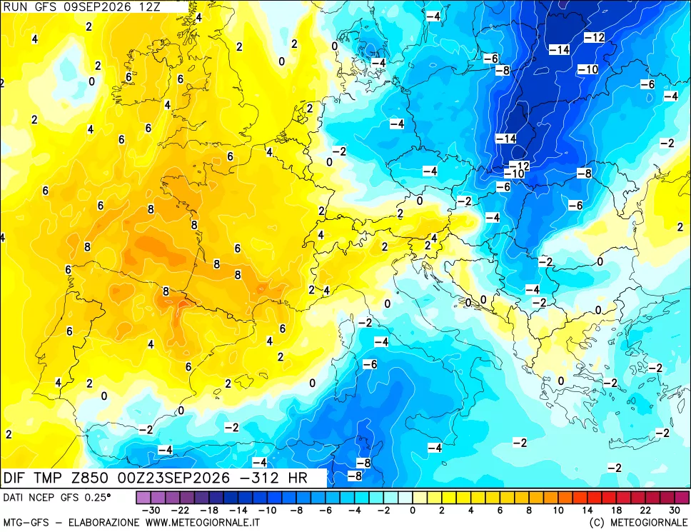 mappa Dif. Temp a 850 hPa Valid - Init