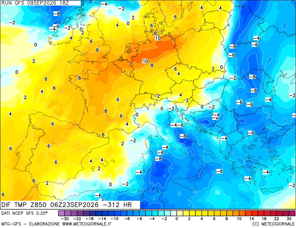 mappa Dif. Temp a 850 hPa Valid - Init