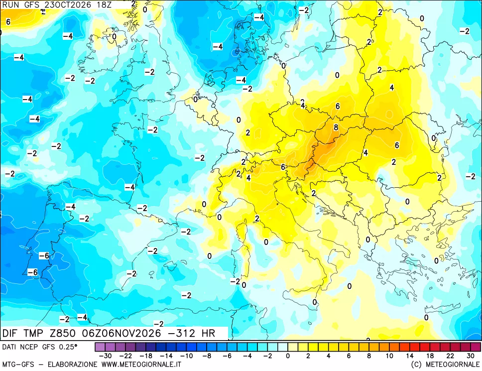 mappa Dif. Temp a 850 hPa Valid - Init