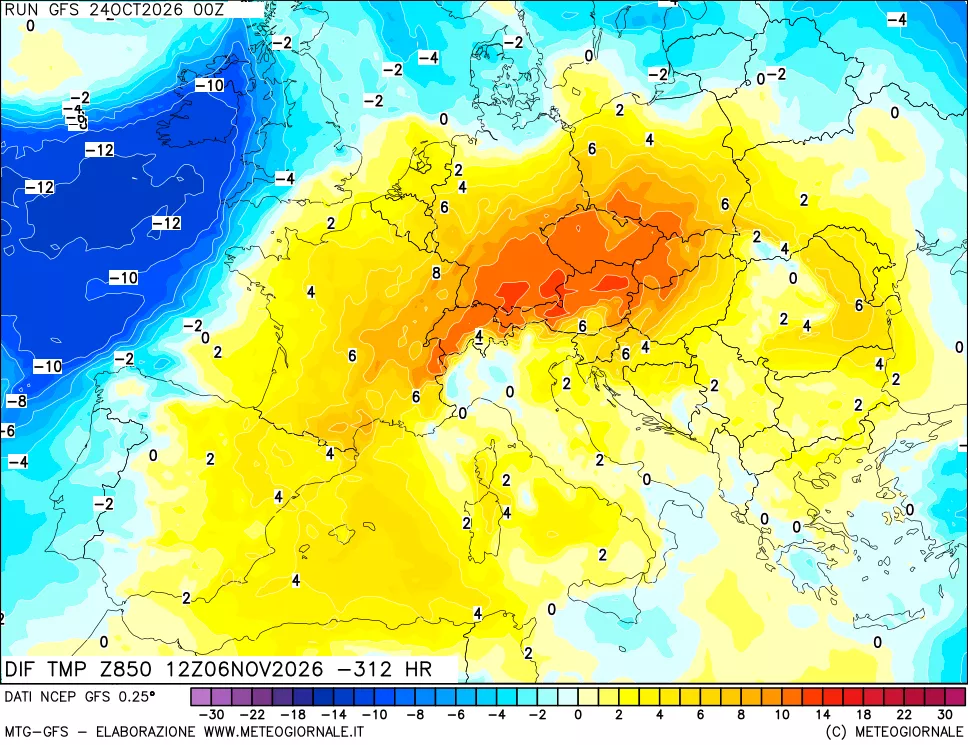 mappa Dif. Temp a 850 hPa Valid - Init