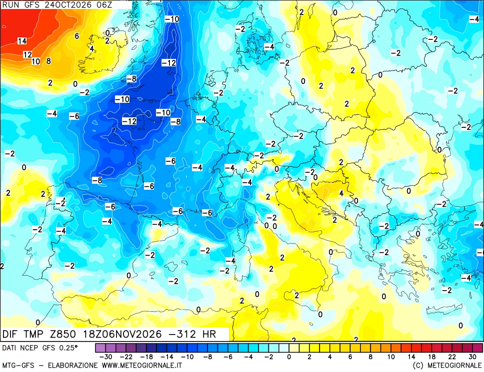 mappa Dif. Temp a 850 hPa Valid - Init