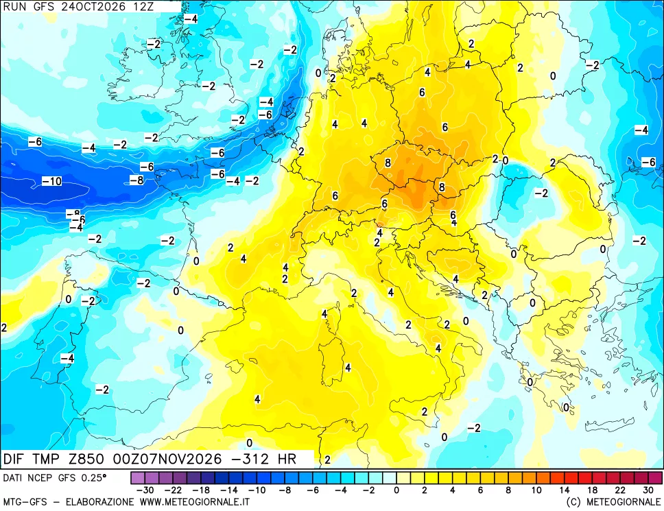 mappa Dif. Temp a 850 hPa Valid - Init