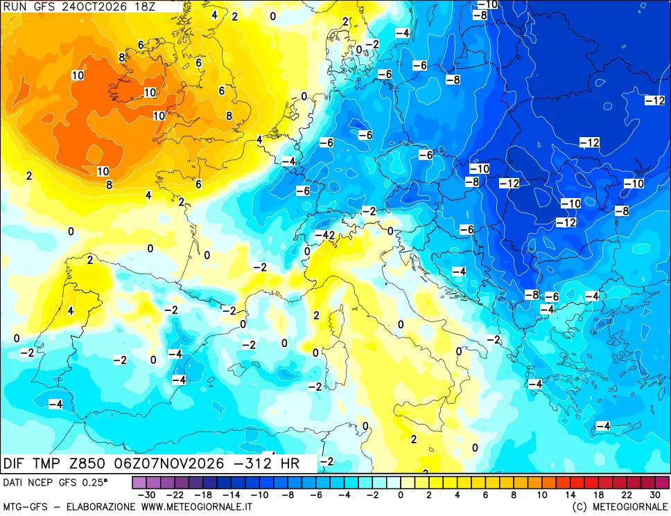mappa Dif. Temp a 850 hPa Valid - Init