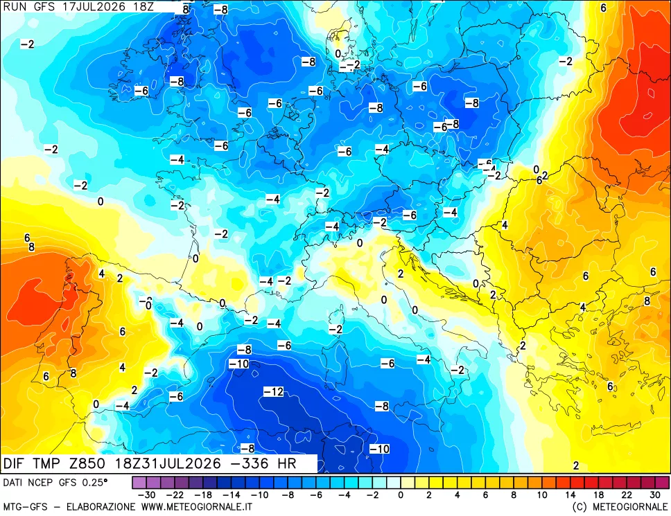 mappa Dif. Temp a 850 hPa Valid - Init
