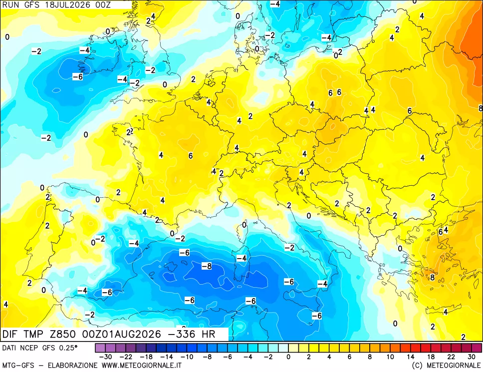 mappa Dif. Temp a 850 hPa Valid - Init