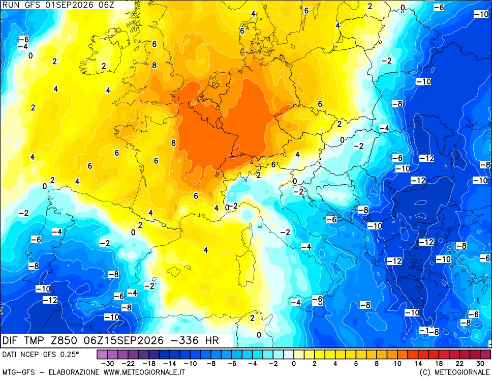 mappa Dif. Temp a 850 hPa Valid - Init