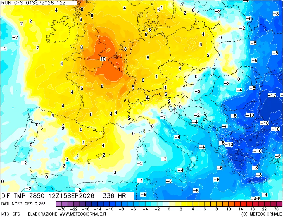 mappa Dif. Temp a 850 hPa Valid - Init