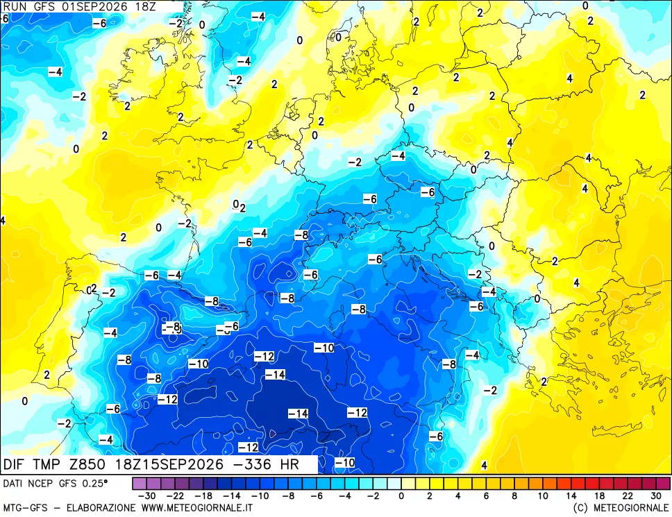 mappa Dif. Temp a 850 hPa Valid - Init