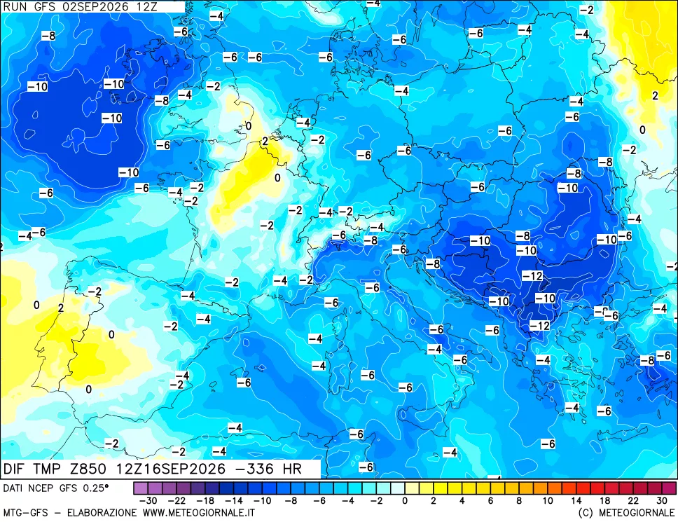 mappa Dif. Temp a 850 hPa Valid - Init