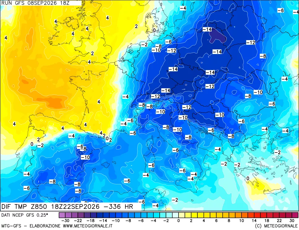 mappa Dif. Temp a 850 hPa Valid - Init