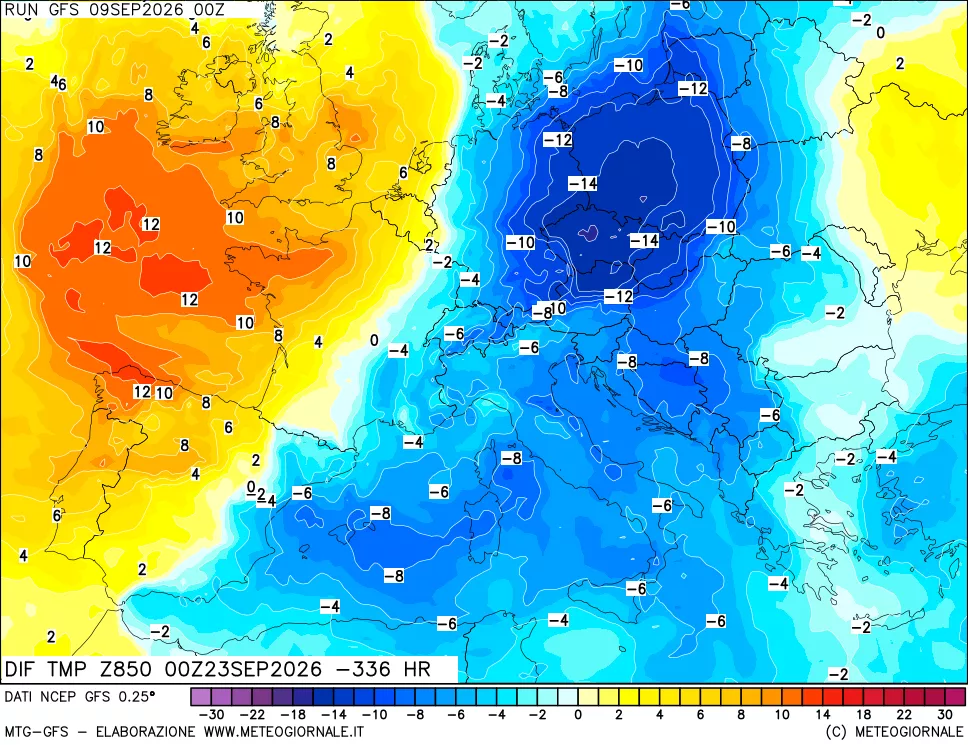 mappa Dif. Temp a 850 hPa Valid - Init