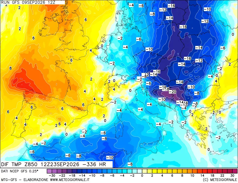 mappa Dif. Temp a 850 hPa Valid - Init