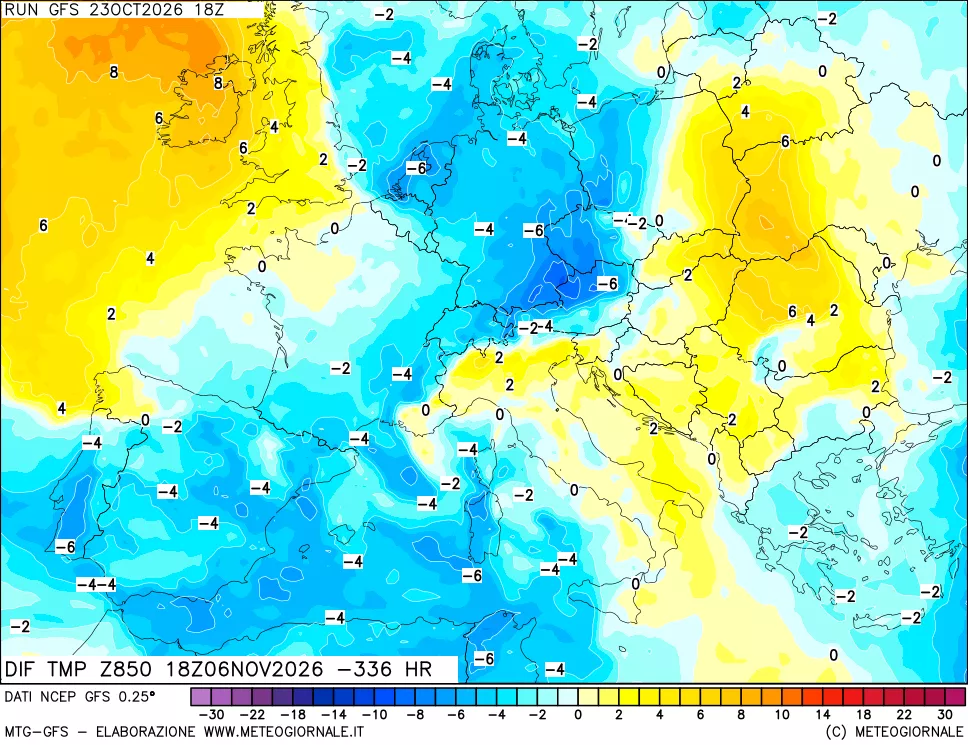 mappa Dif. Temp a 850 hPa Valid - Init