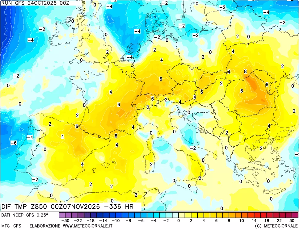 mappa Dif. Temp a 850 hPa Valid - Init