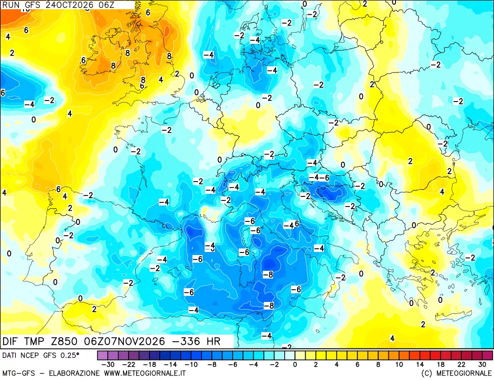 mappa Dif. Temp a 850 hPa Valid - Init