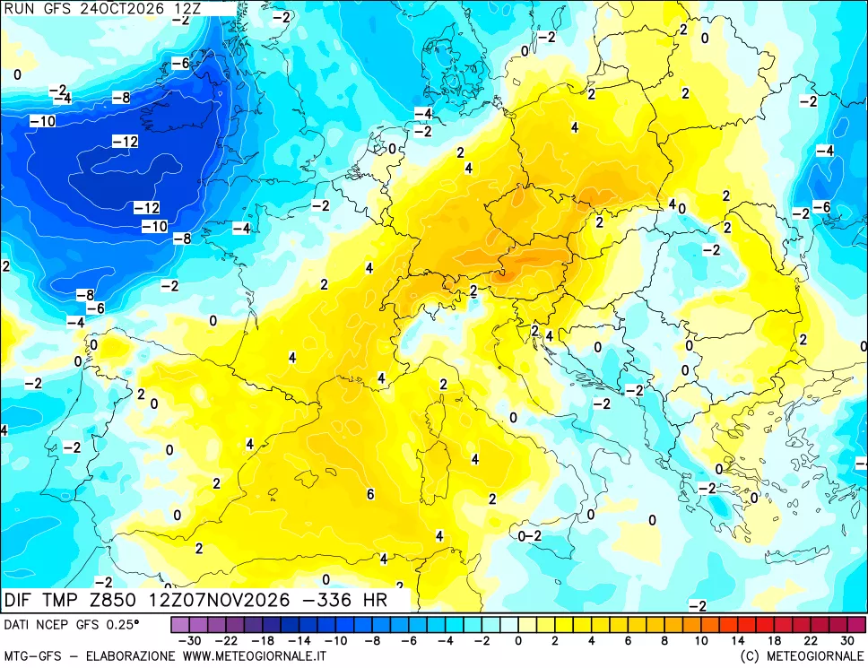 mappa Dif. Temp a 850 hPa Valid - Init