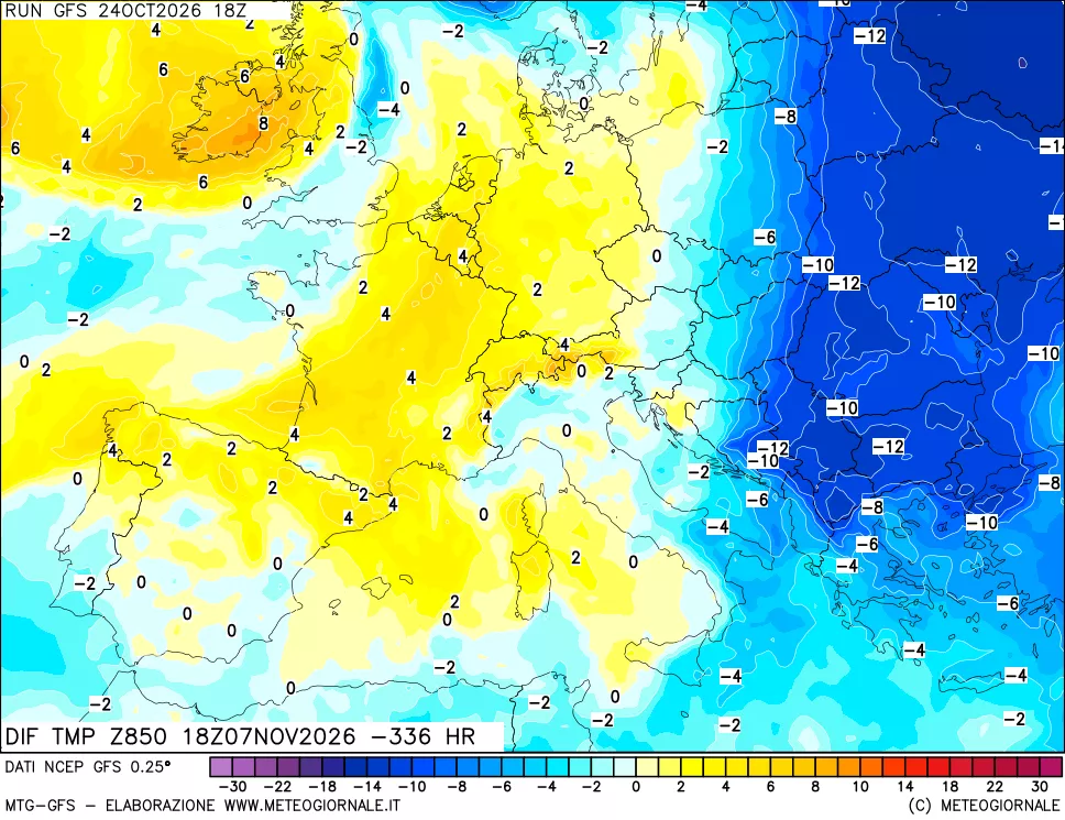 mappa Dif. Temp a 850 hPa Valid - Init