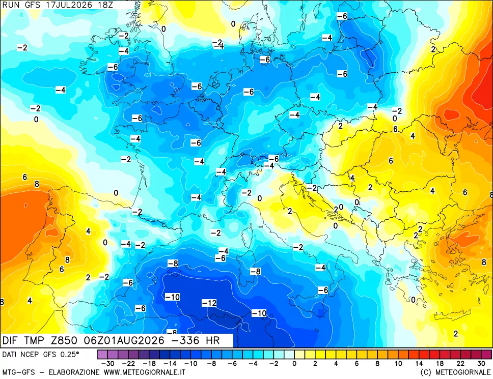 mappa Dif. Temp a 850 hPa Valid - Init
