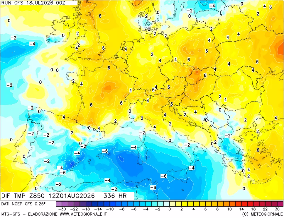 mappa Dif. Temp a 850 hPa Valid - Init