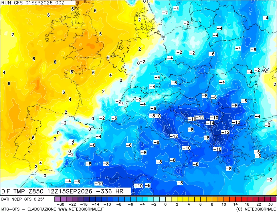mappa Dif. Temp a 850 hPa Valid - Init