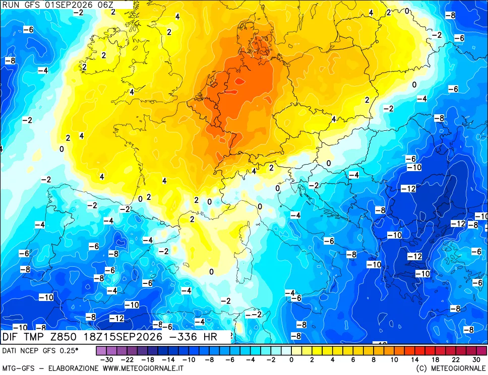 mappa Dif. Temp a 850 hPa Valid - Init