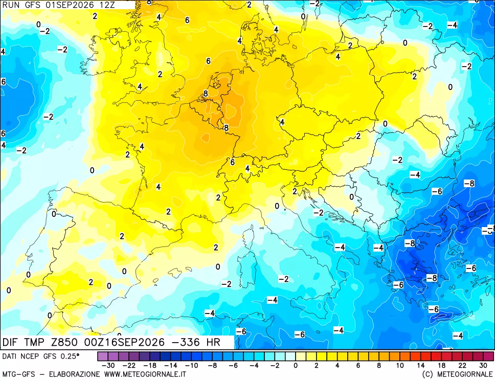 mappa Dif. Temp a 850 hPa Valid - Init