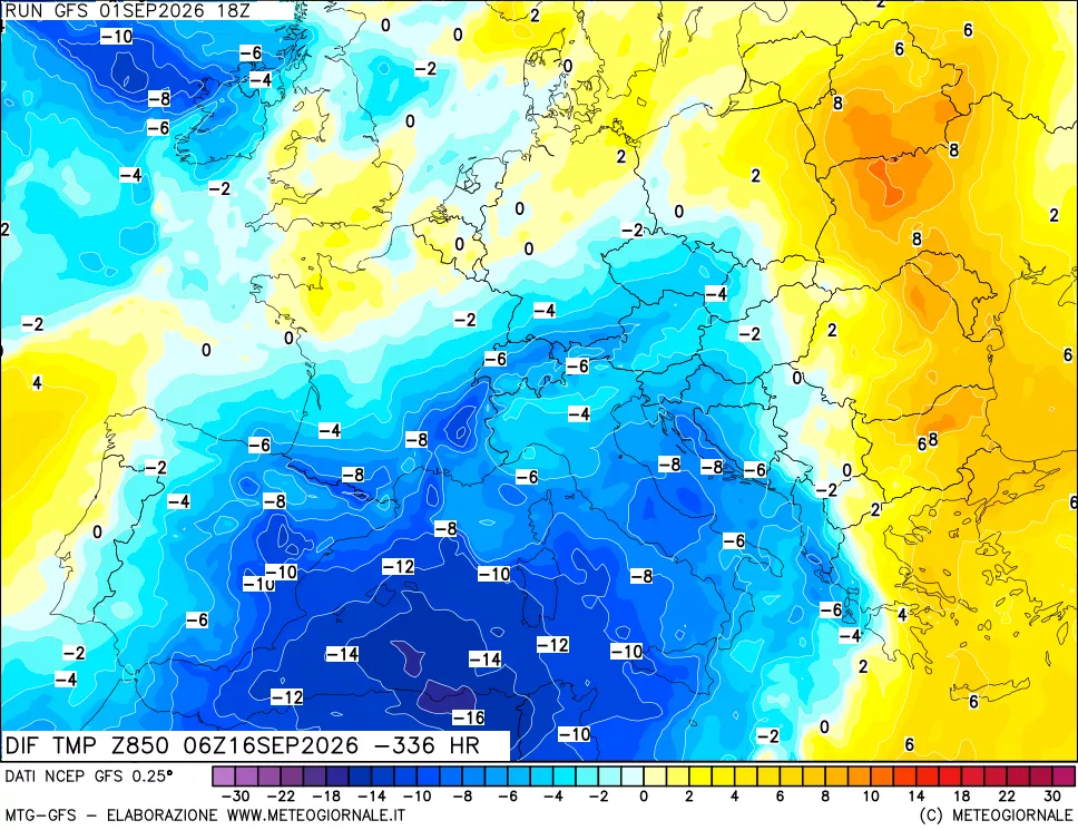 mappa Dif. Temp a 850 hPa Valid - Init