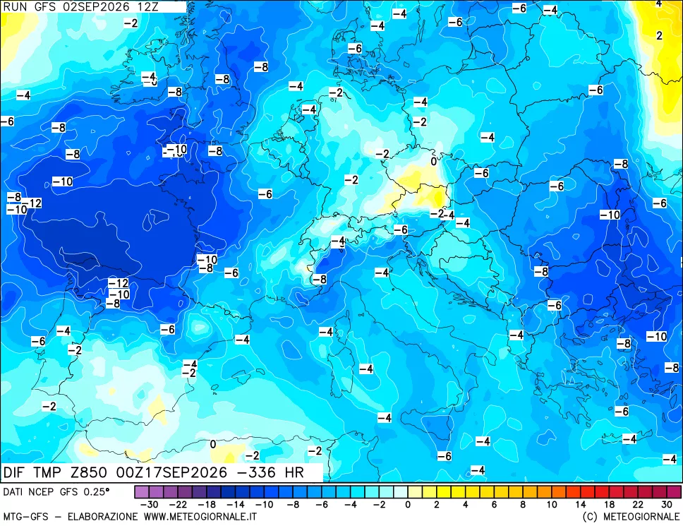 mappa Dif. Temp a 850 hPa Valid - Init