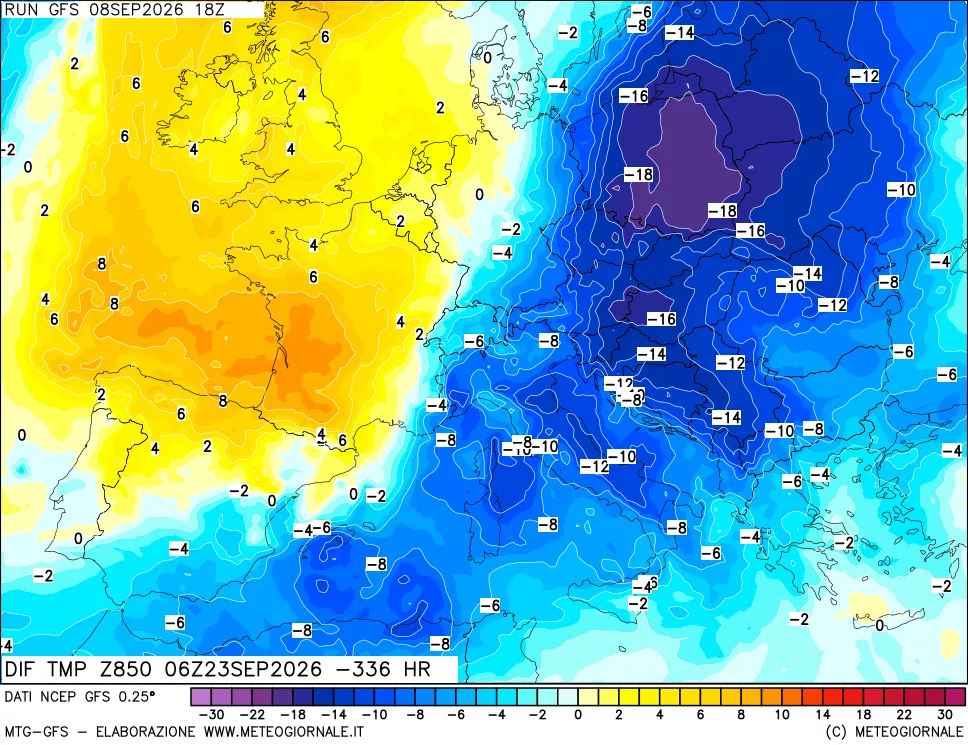 mappa Dif. Temp a 850 hPa Valid - Init