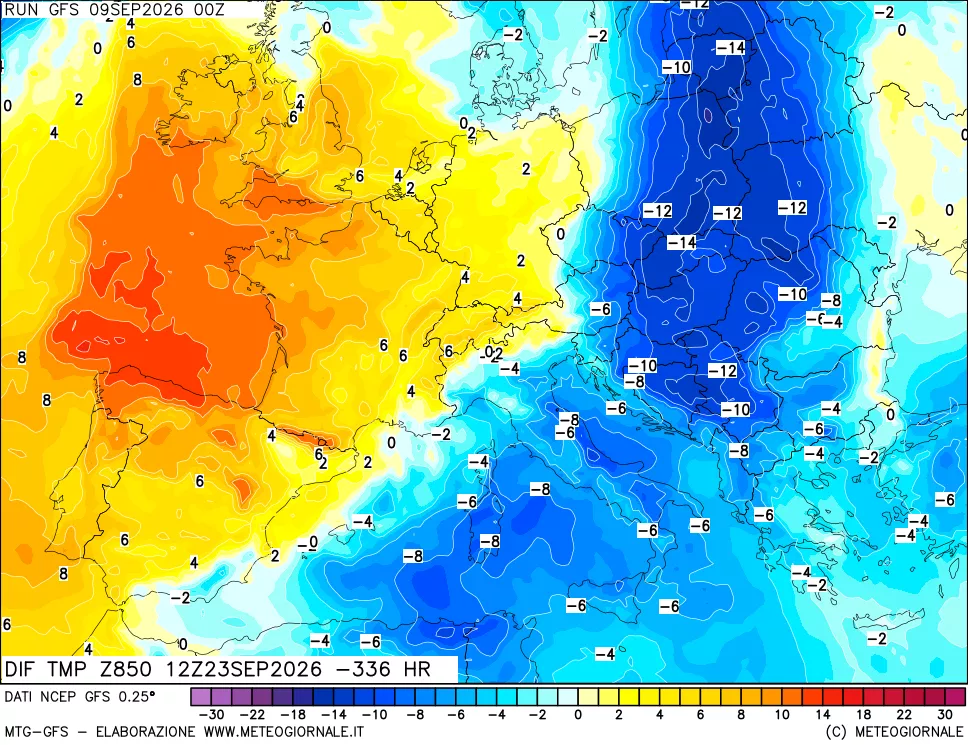mappa Dif. Temp a 850 hPa Valid - Init