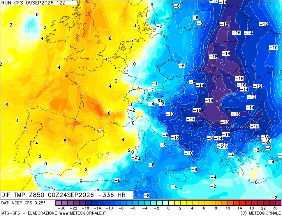 mappa Dif. Temp a 850 hPa Valid - Init