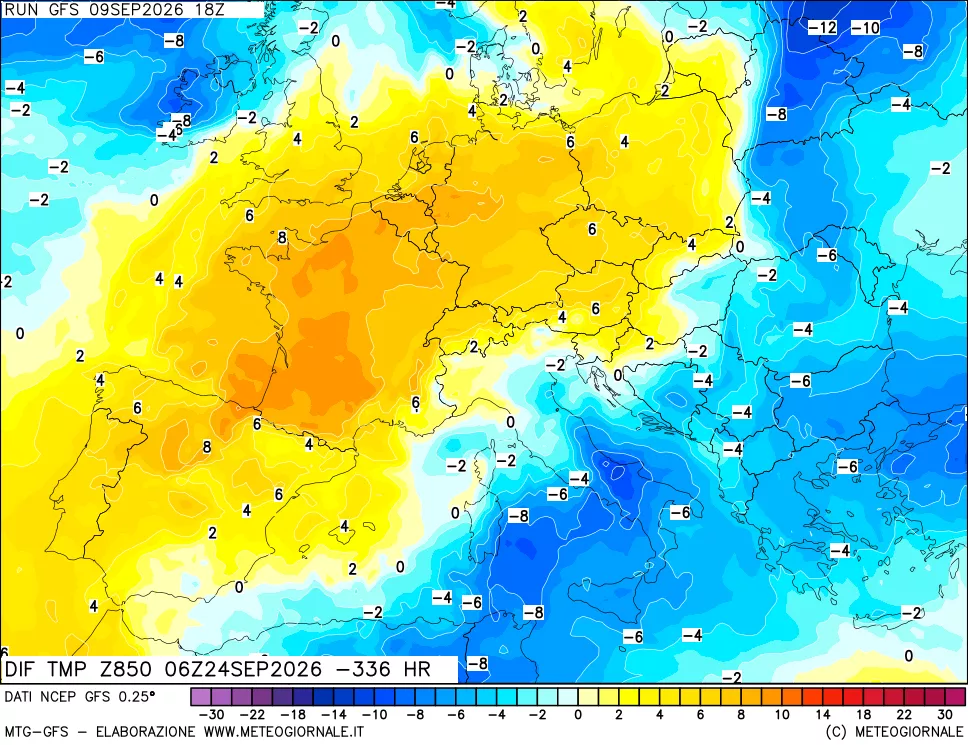 mappa Dif. Temp a 850 hPa Valid - Init