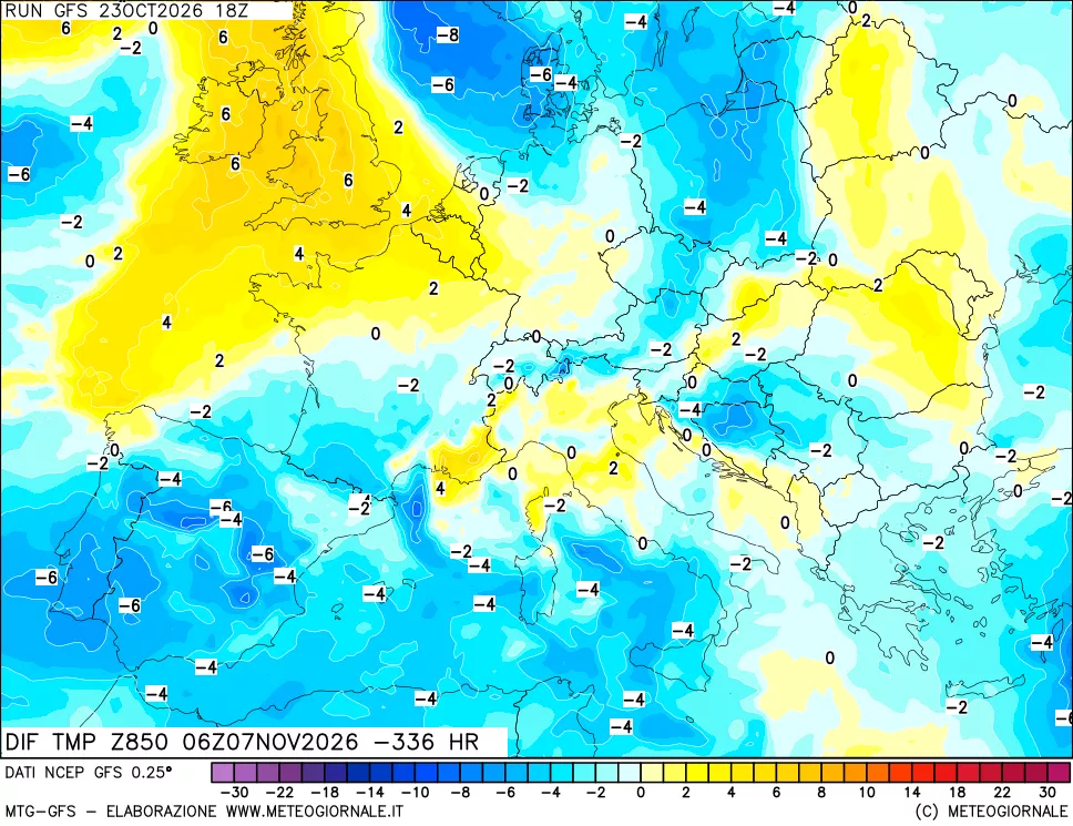 mappa Dif. Temp a 850 hPa Valid - Init
