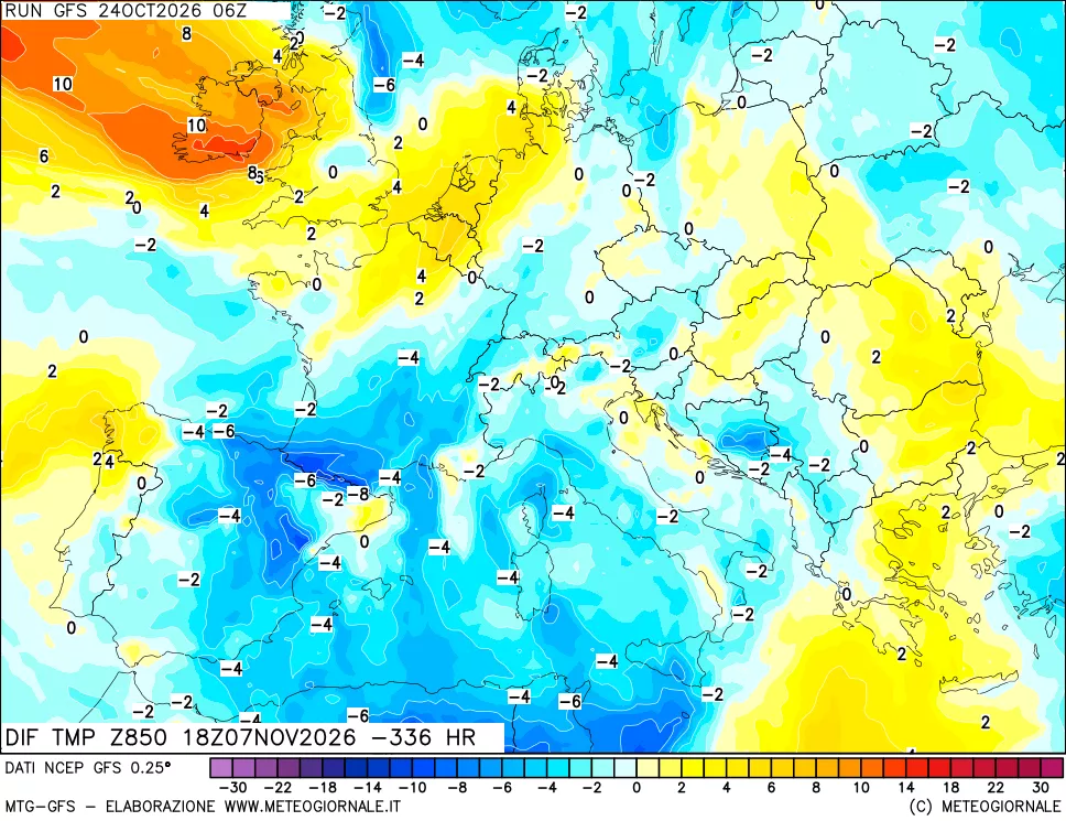 mappa Dif. Temp a 850 hPa Valid - Init