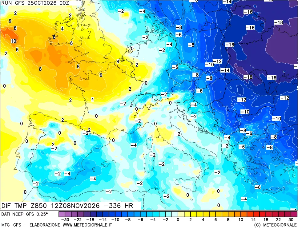 mappa Dif. Temp a 850 hPa Valid - Init