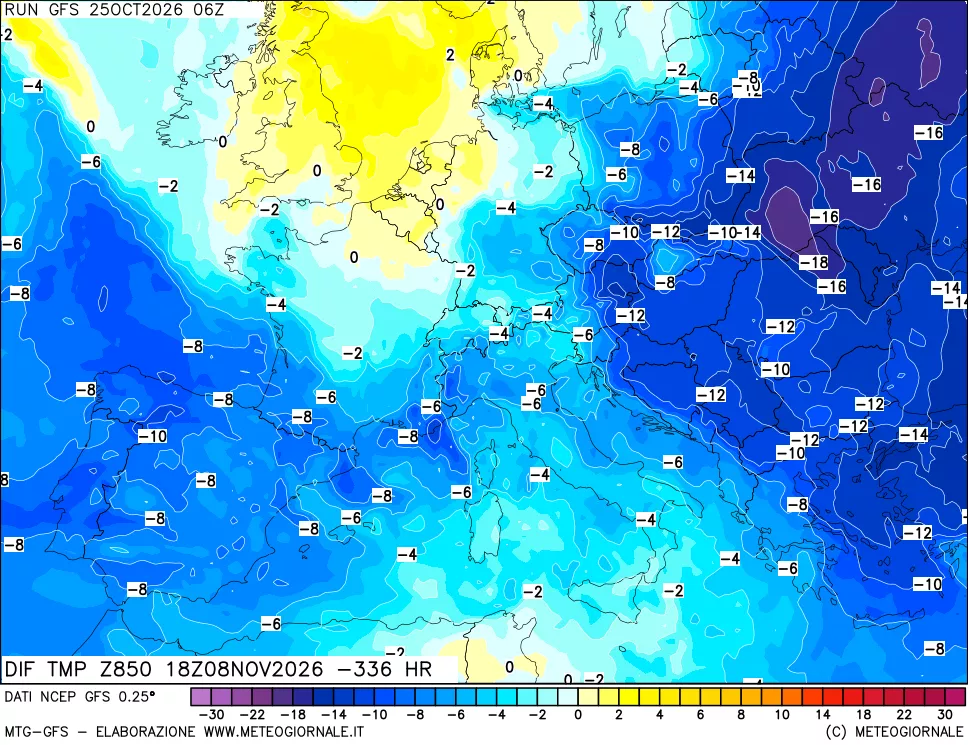 mappa Dif. Temp a 850 hPa Valid - Init