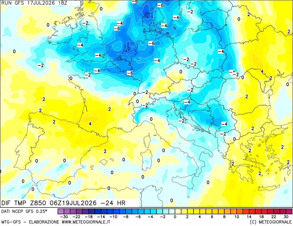 mappa Dif. Temp a 850 hPa Valid - Init